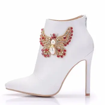 

Fashion Women High Heel Ankle Boots White Autumn Winter Party Wedding Prom Shoes Woman Sexy Pumps Butterfly Crystal Female Boots