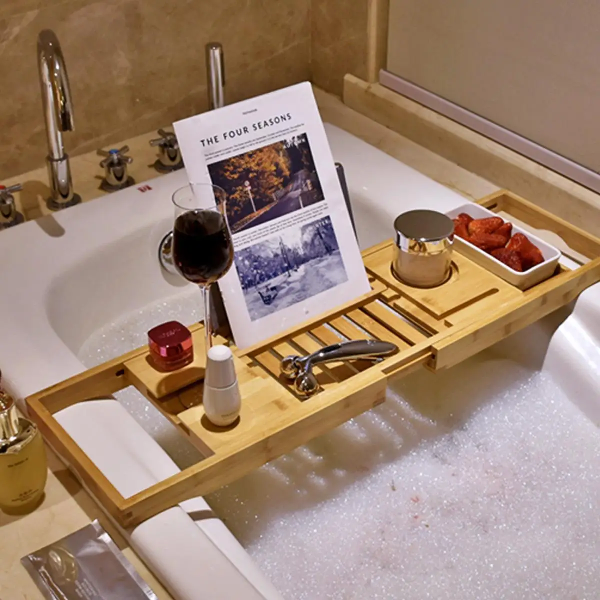 70 105cm Extendable Bamboo Bath Tub Caddy Adjustable Home ...