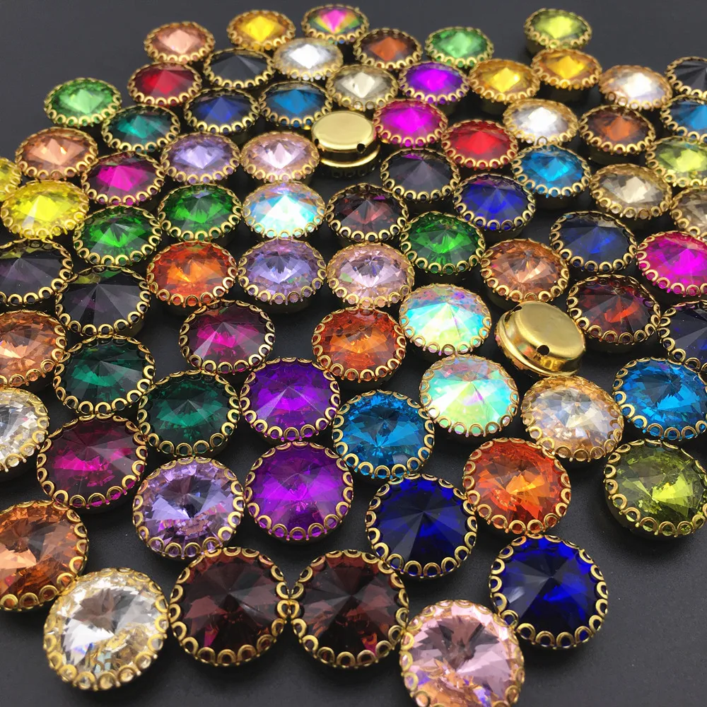 6mm 18mm 라운드 Rivoli 모양 Strass 라인 석에 바느질 골드베이스 레이스 클로 유리 크리스탈 라인 석 Diy 의류 액세서리