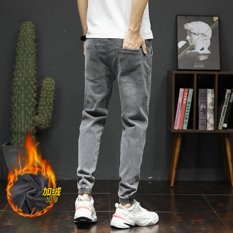 2020 Autumn Winter Men's Cotton Elastic Jeans Plush Thicken Denim Pants Patchwork Quality Casual Warm Velvet Leggings Trousers