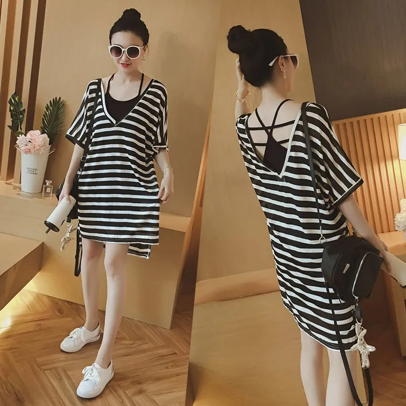 

Net Price 2019 Summer New Style Loose-Fit Mid-length T-shirt Dress Casual Strapped Dress + Striped Dress Two-Piece Set
