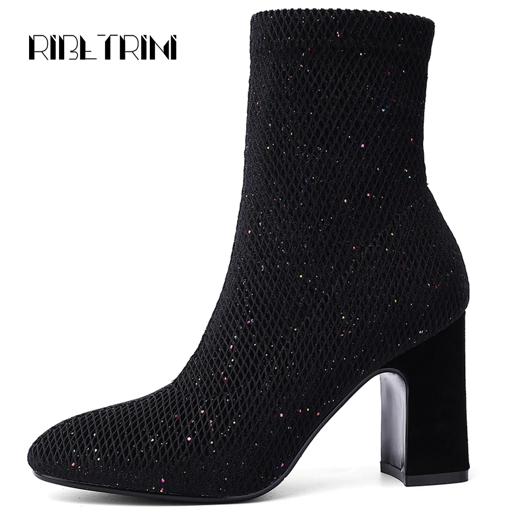 

RIBETRINI Quality Sock Style Square High Heels Pointed Toe Rubber Sole Elastic Upper High Top Ankle Boots Autumn Shoes