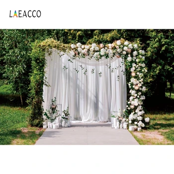 

Laeacco Forest Wedding Photophone Green Trees White Curtain Blossom Flower Candle Photography Backdrops Photographic Backgrounds