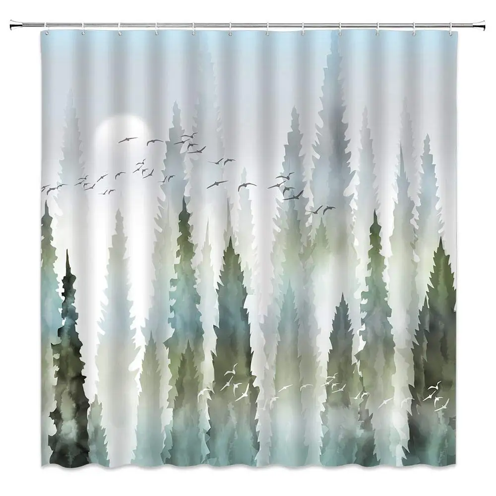 

Foggy Forest Shower Curtain Watercolor Pine Forest Smoke Flying Birds Abstract Creative Art Painting Polyester Bathroom Decor