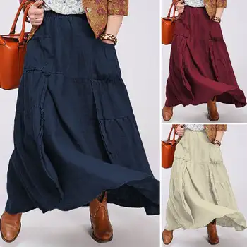 

Vintage Autumn Women Patchwork Sundress ZANZEA Solid Elastic Waist Skirt Casual Faldas Saia Pockets Holiday Vestidos Plus Size