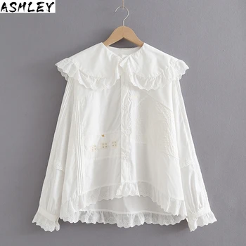 

Lace New White Top Doll Collar Embroidery Stitching Shirt Women's Long Sleeves Suitable For Teenage Girls