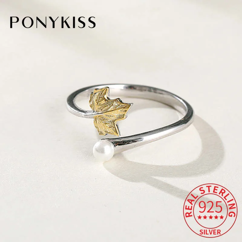 

PONYKISS 100% 925 Sterling Silver Golden Maple Leaf Adjustable Pearl Opening Ring Women Party Delicate Elegant Accessories Gift