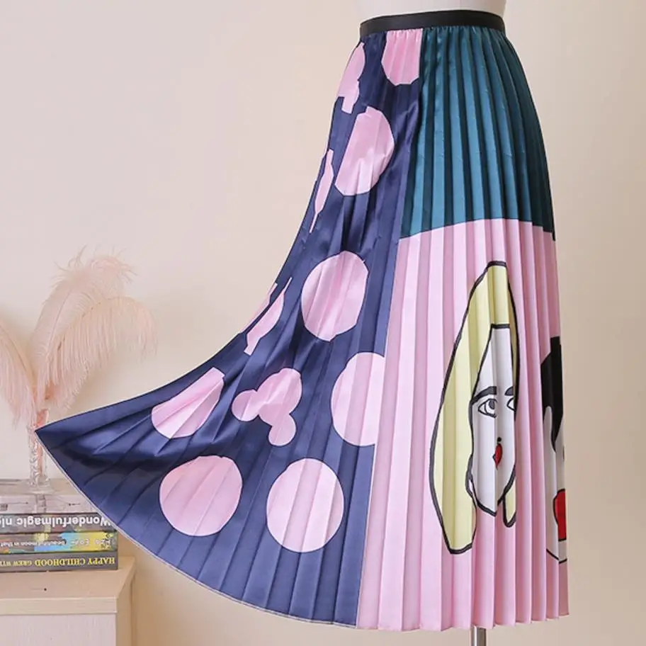 Женская Винтажная летняя юбка Осенняя Роскошная плиссированная юбка с мультяшным принтом с высокой талией с цветочным принтом Новинка Saia QH1845