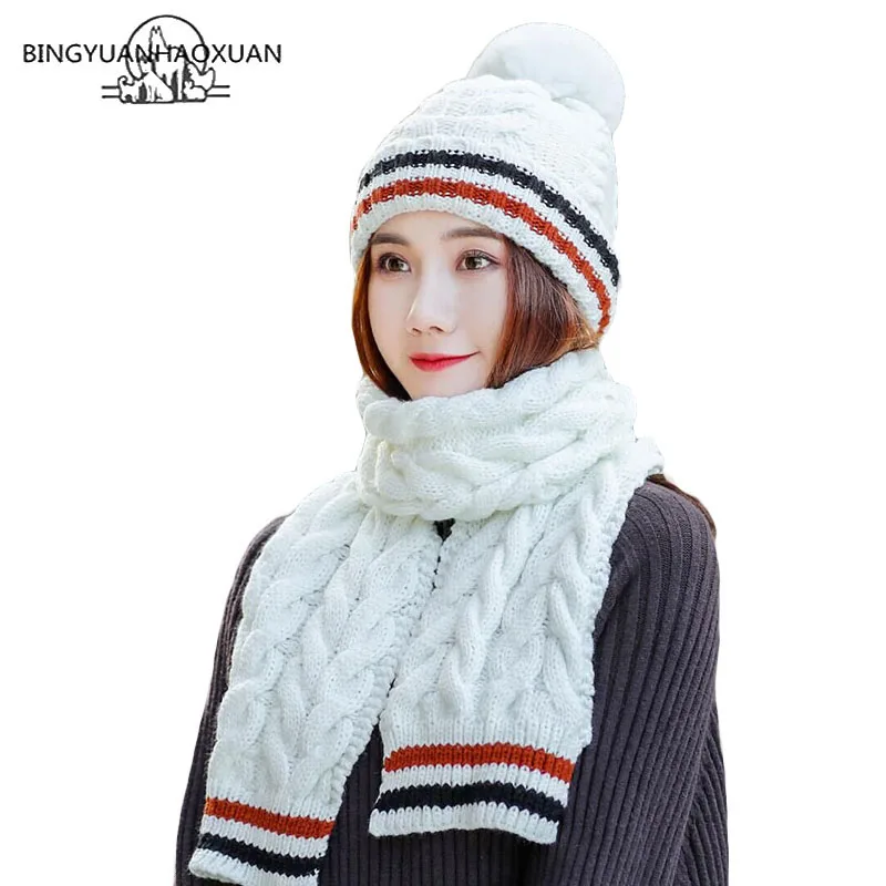 

Fashion Scarf Hat Set For Women Female stripe Caps Knitted Scarf Set Warm Winter Windproof Hats And Scarves Sets Scarf Hats New