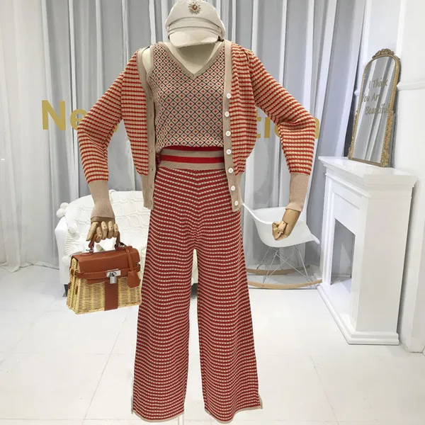 picture color Женский вязаный комплект из 3 предметов, осенне-зимний полосатый кардиган с v-образным вырезом+ майка+ штаны с высокой талией, комплект одежды из 3 предметов, брючный костюм - Цвет: picture color