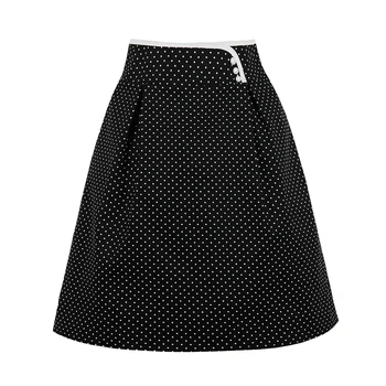 

Women Black Red Blue Polka Dot Print 50s Skirt Button Front Pleated Vintage High Waist Skirt Cotton Elegant Pin Up A Line Skirts