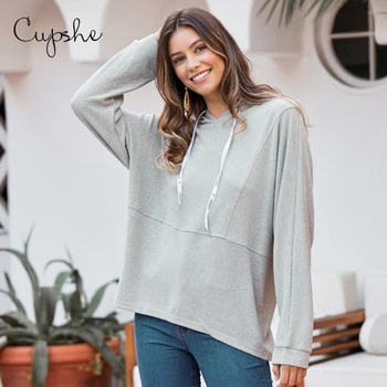

CUPSHE Basic Grey Loose Long Sleeve Drawstring Hoodie Woman Casual Sweatshirts Pullovers Tops 2020 Spring Autumn Sportswears
