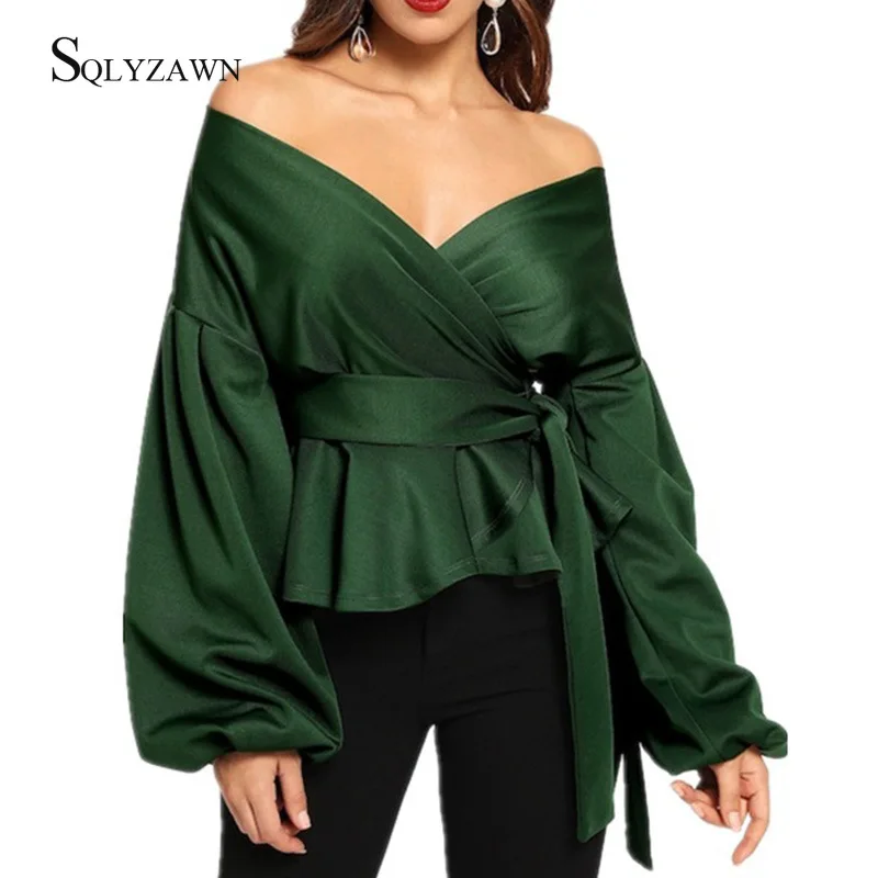 Spring Autum Slash Neck Ruffle Bow Blouse Women Casual Off Shoulder Lantern Long Sleeve Shirt Elegant Belt Bandage | Женская одежда