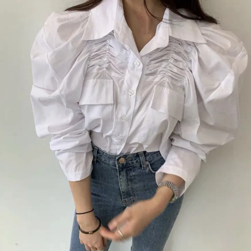 white blouse women RealShe Blouse Women White Puff Sleeve Pockets Womens Tops And Blouses Spring Casual Vintage Solid White Shirt Women Shirts - Цвет: white blouse women