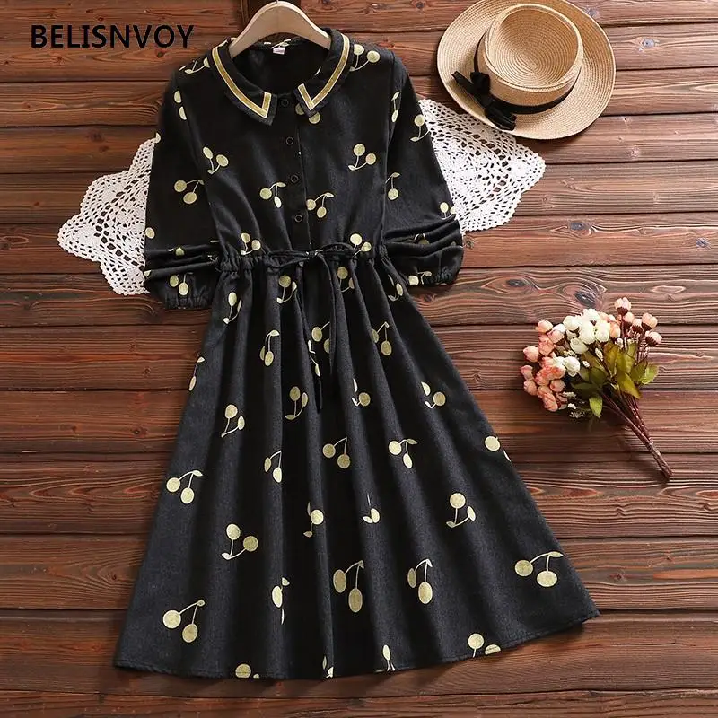 Japanese Mori Girl Autumn Women Kawaii Dress Peter Pan Collar Cherry Pattern Black Red Vintage Preppy Style Elegant Dresse | Женская