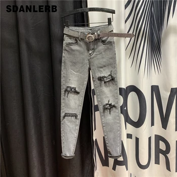 

Plus Size Holes Skinny Pencil Pants Women's Slim Fit Denim Jeans Ladies Grey Jeans for Women Jeansy Damskie