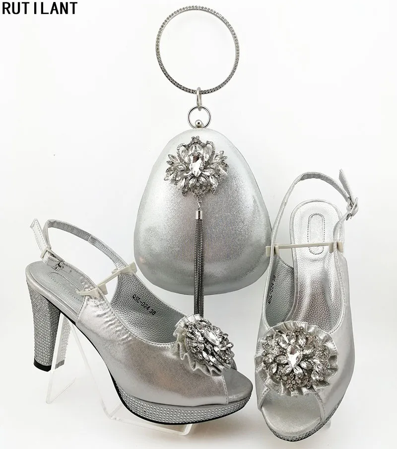 

New Silver Color Nigerian Party Shoes and Bag Set Matching Shoes and Bags for African Party Summer High Heeled Shoes for Women