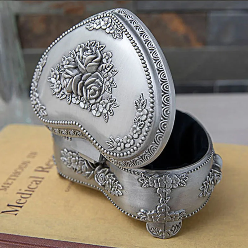 Antique Heart Shape Ring Box Fashion Small Trinket Jewelry Storage Organizer Metal Rose Flower Earring Jewelry Box