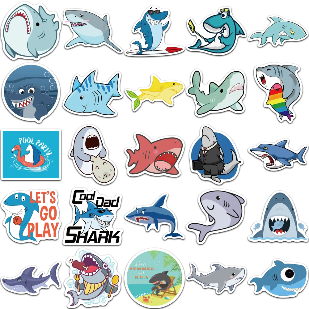 50PCS Sharks Stickers for Luggage Skateboard Phone Laptop Moto
