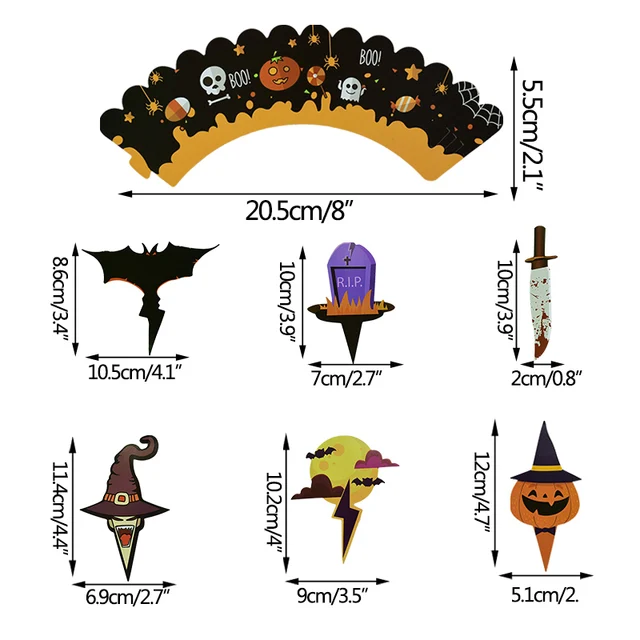 24Pcs Halloween Decoration Cupcake Wrapper Cup Muffins Horror Pumpkin Witch Bat Cake Toppers For Home Halloween Party Cake Decor 6