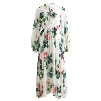 

Women long sleeve beach dress new 2020 spring summer designer drawstring waist rose floral patterns print chiffon long dresses