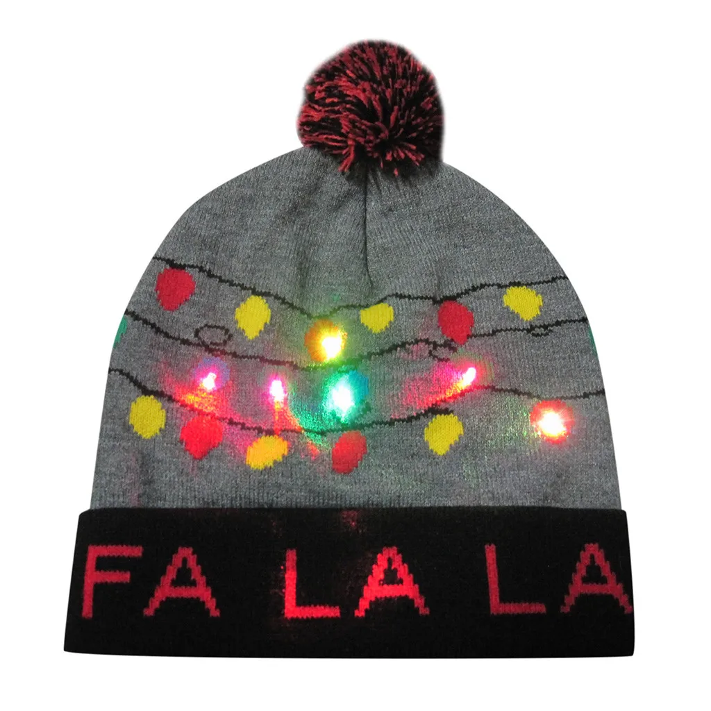 Красочные рождественские светодиодные лампы вязанная Шапка для детей Beanie свитер Санта шляпа Hairball теплая шапочка для женщин и мужчин подарки вечерние Шапка
