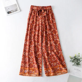 

Fashion Women Floral Print Wide Leg Pants Elegant High Waist Elastic Loose Boho Beach Summer Pants Capris Pantalones