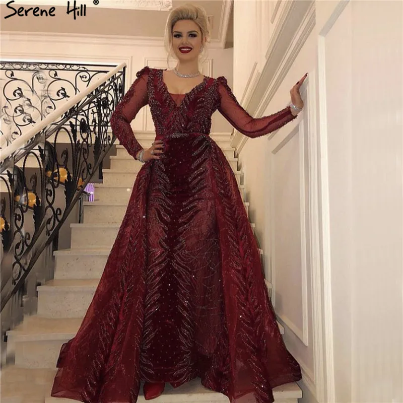 wine red Роскошное платье для выпускного вечера в Дубае,, v-образный вырез, длинный рукав, бархат, кристалл, ручная работа, арабское официальное платье для вечеринки, беззаботный холм размера плюс, DLA60903 - Цвет: wine red