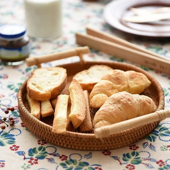 

Handmade Fruit Basket Tea Tray Rattan Weaving Bread Storage Organizer for Kitchen Food Picnic Container Round Decor,2 Pack