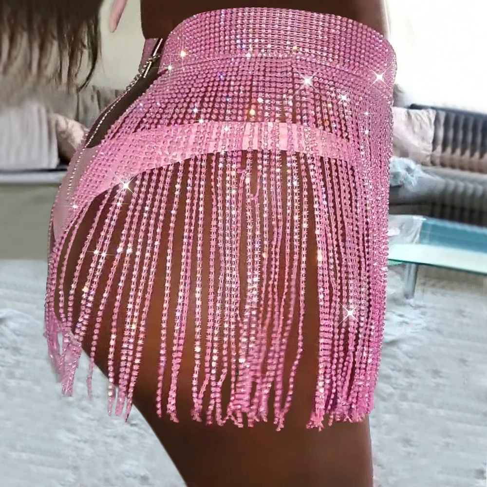 ITFABS Women Summer Beach Bikini Mini Skirt Glitter Rhinestone Clothing Long Tassel Skirts Crystal Diamonds Adjustable Sexy