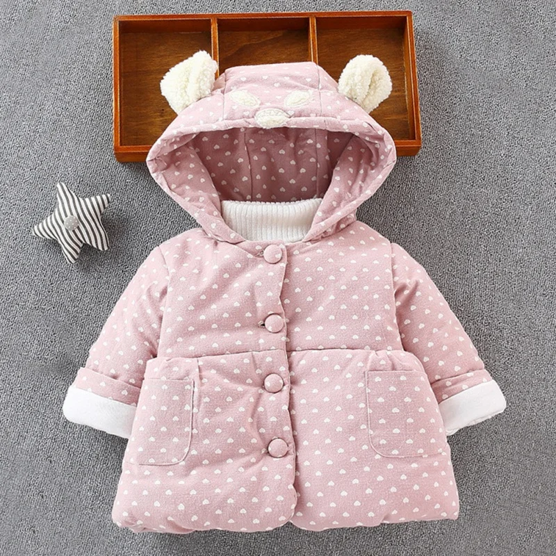 Одежда для младенцев с принтом модное зимнее пальто для маленьких девочек теплая утепленная детская верхняя одежда пальто с капюшоном и милыми ушками костюм для девочек - Цвет: Розовый