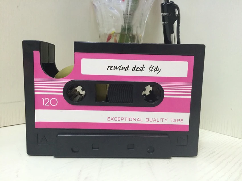 Retro Cassette Tape Dispenser Pen Holder Pencil Organizer Container Desk Pen Holder Tape Cutter Office Stationery Supplier