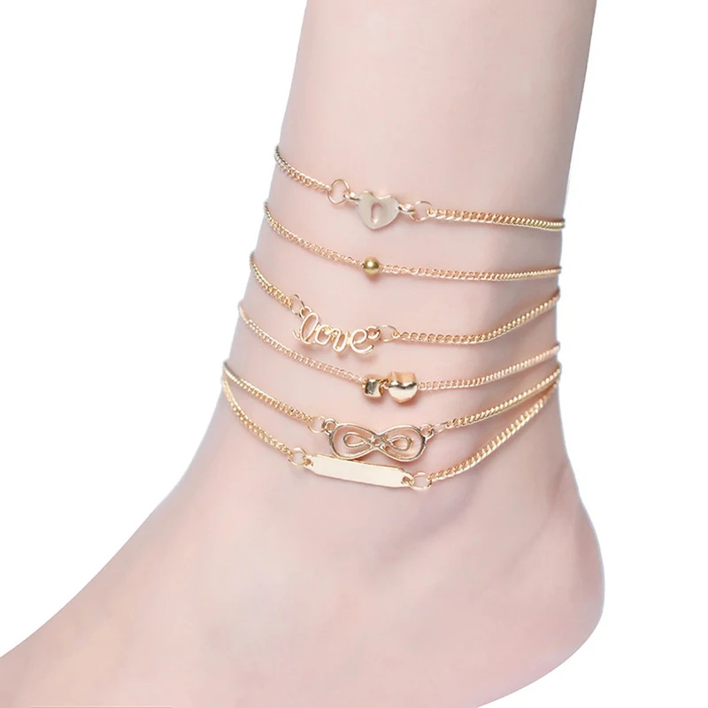 Набор ножных браслетов Boho Heart Infinity с блестками для женщин, Богемский Браслет на лодыжку, Набор браслетов, модные пляжные вечерние украшения для ног