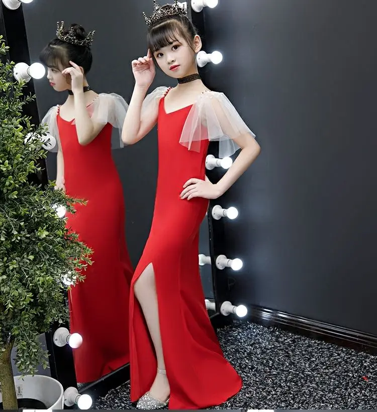 

High-End Children Evening Gown Kids Catwalk Sexy Split Skirt Red Mermaid Princess Dress For Girls Birthday Party Costume Vestido