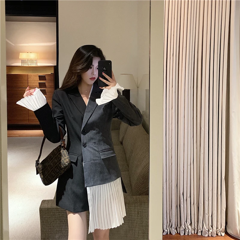 Hong Kong Flavor Joint Slim Fit средней длины двубортный нестандартный маленький костюм пальто Топы