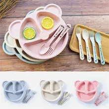 Tigela de bebê 3 pçs/set + colher + garfo, alimentação, alimentos, utensílios de mesa, urso de desenho animado, crianças, pratos de jantar, louça, anti-quente placa de jantar para treinamento