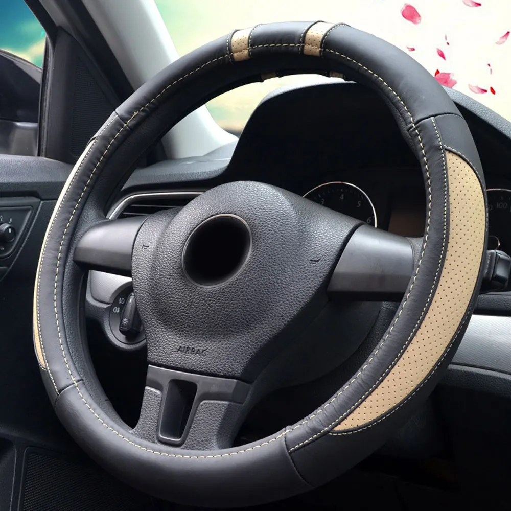 Бежевый DSYCAR 1 шт. чехол рулевого колеса автомобиля из натуральной кожи дышащие противоскользящие рулевые чехлы подходят 38 см Авто украшения - Название цвета: Бежевый