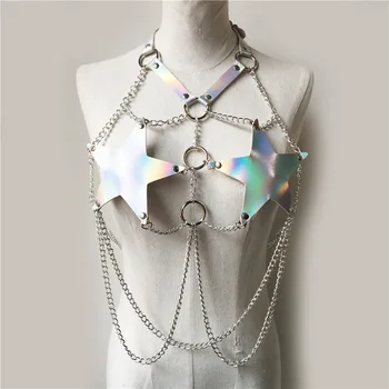 

Goth Shiny Holographic Pentagram PU Leather Stars Harness Chain Bra Sexy Lingerie Garters Women Rave Festival Body Bondage Wear