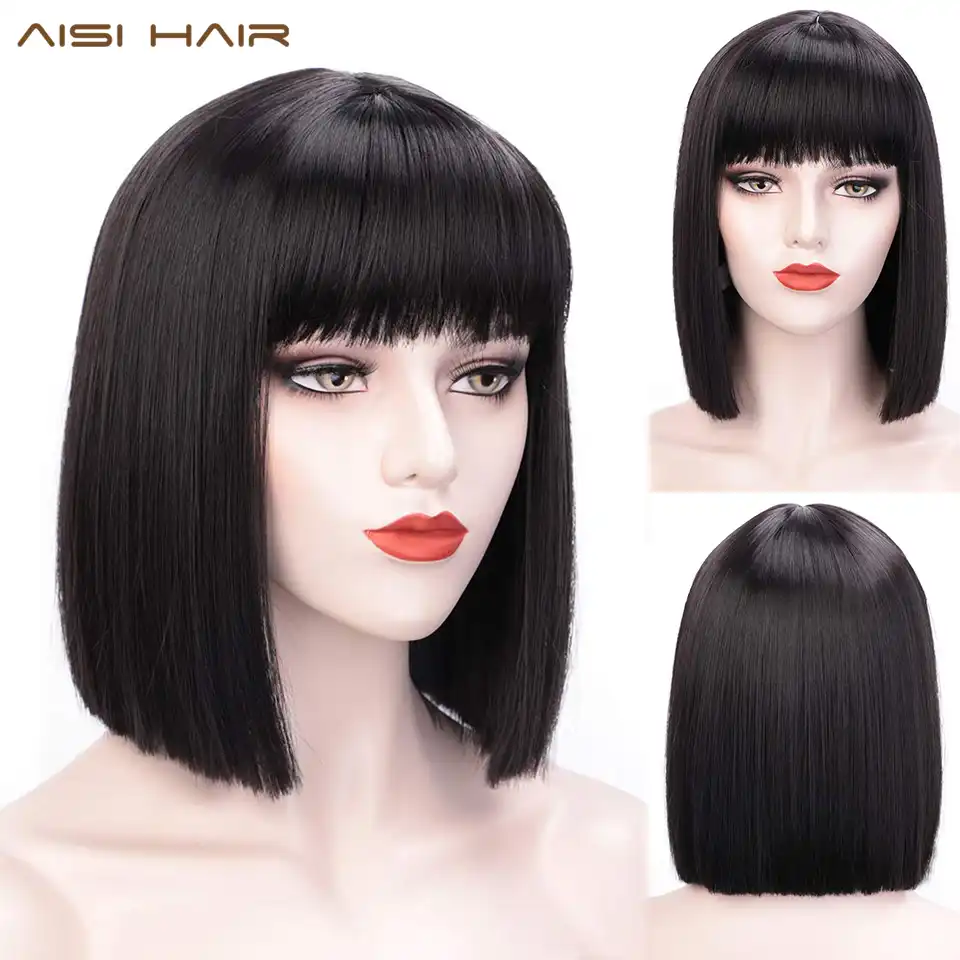 Peluca De Pelo Liso Corto Aisi Con Flequillo Para Mujer Pelucas Sinteticas Peluca De Pelo De Cosplay Negro Morado Rosa Y Azul Resistente Al Calor Aliexpress