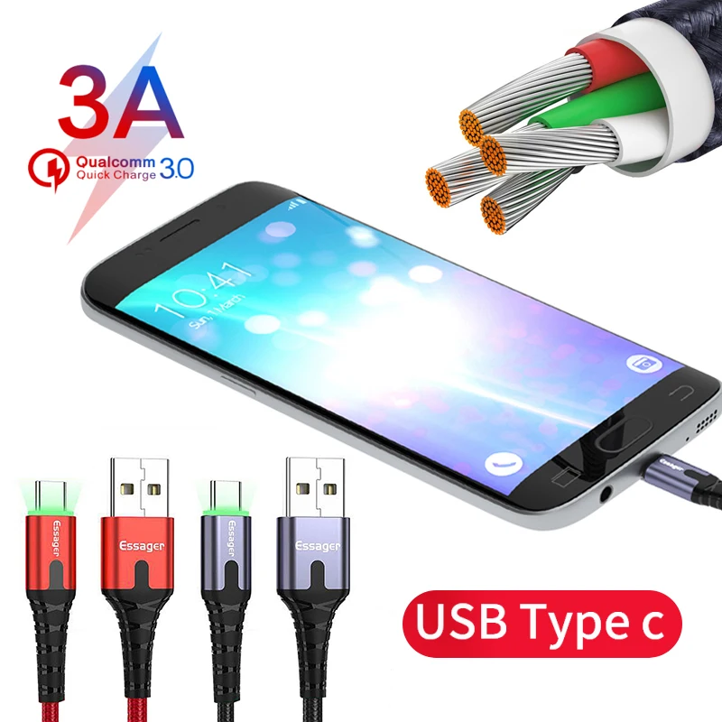 Essager светодиодный кабель usb type C 3 м кабель для быстрой зарядки кабель usbc для Xiaomi K20 samsung Oneplus 7 Pro мобильный телефон USB-C зарядное устройство