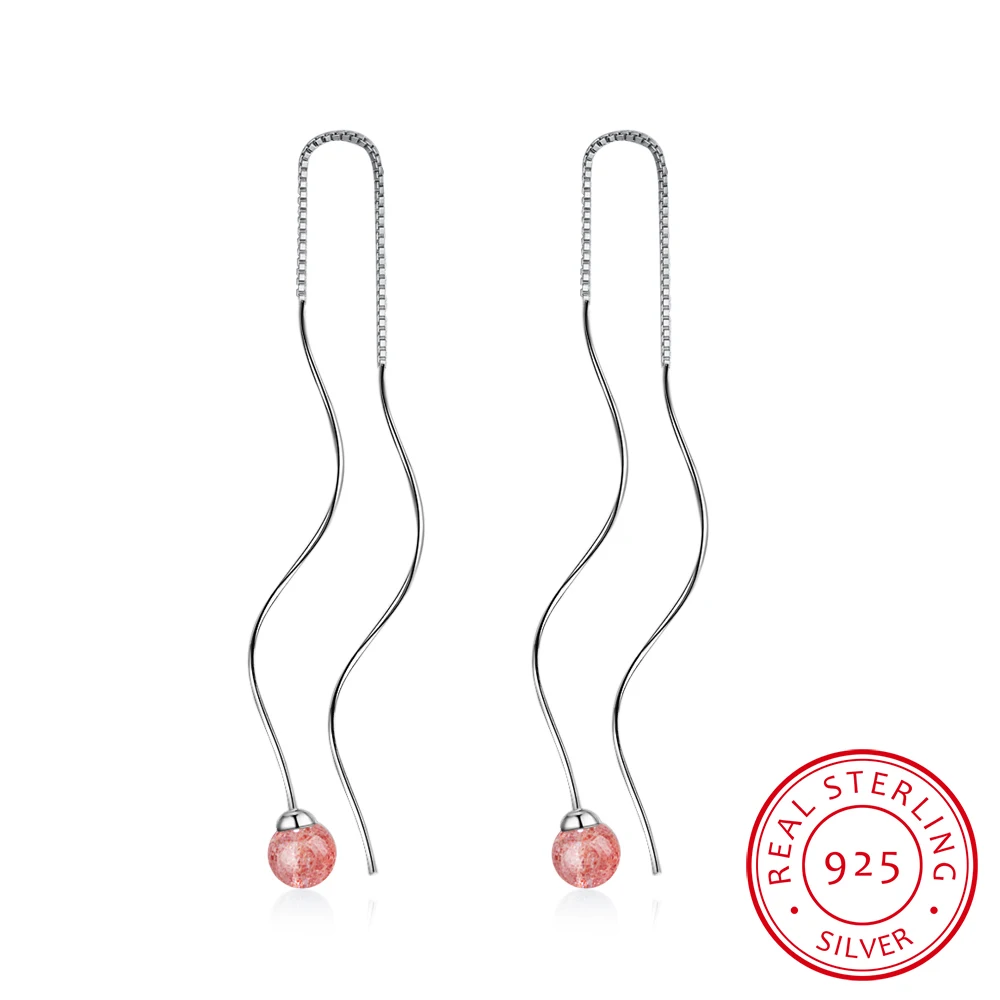 

Japanese And Korean Style Natural Strawberry Crystal 925 Sterling Silver Wave Long Tassel Earrings For Women S-e599