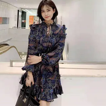 

Women's V Neck Mini Dress Long Sleeve Vintage Printed Ruffled Ladies Casual Loose Autumn Winter Dresses