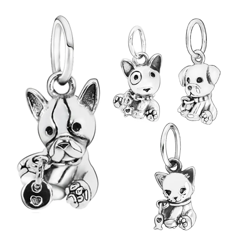 925 Sterling Silver Beads Sweet Cat,Bulldog, Bull Terrier,Labrador Puppy Charms fit Original Pandora Bracelets Women DIY Jewelry