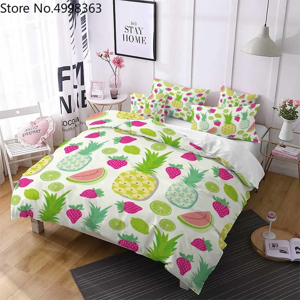 Fruit Bed Linen Set 3D Print Pineapples Lemons Strawberry Watermelon Bedding Tropical Summer Cover Pillowcase 2/3 Piece | Дом и сад