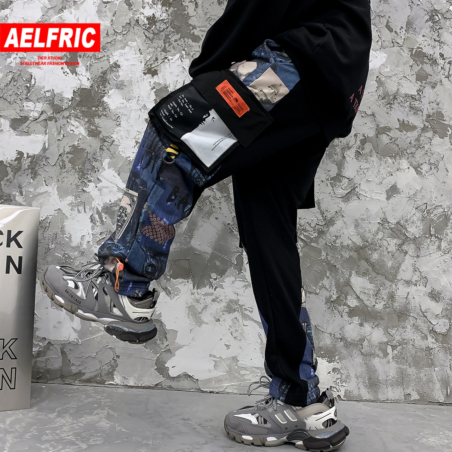 AELFRIC, хип-хоп, пэчворк, с карманами, граффити, мужские шаровары, брюки-карго, уличная одежда, повседневные спортивные штаны,, Харадзюку, Мужские штаны для бега