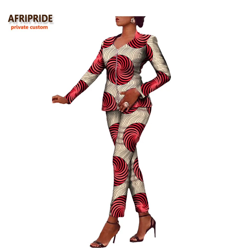 Afripride Африканский принт 2 шт брюки Блейзер костюм для женщин сделанный на заказ Молния Fly топ+ длинные брюки хлопок костюм A722634 - Цвет: 330X