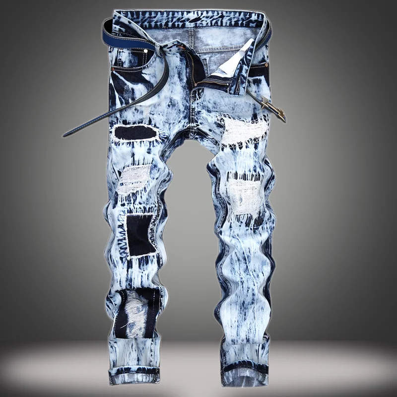 

Men's Light-colored Jeans Embroidered Holes In Europe and The United States Patch Color Trendy Trousers Straight-tube Jeans