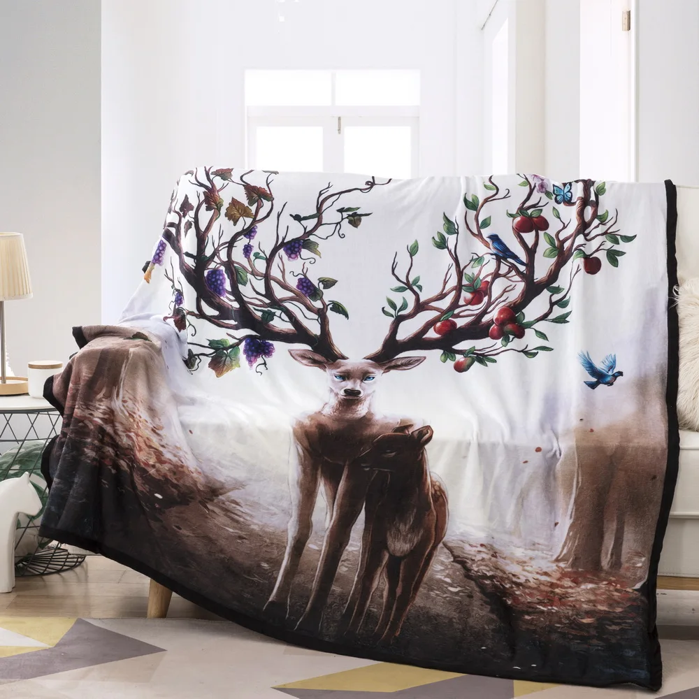 

Kid Blanket 3D Print Deers with Horn Red Apples Blue Berries Mom and Baby in Foggy Woodland White/Brown Fleece Blanket 150x200cm