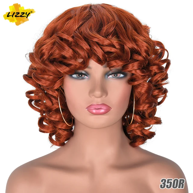 Short Hair Afro Curly Wig With Bangs Loose Synthetic Cosplay Fluffy Shoulder Length Natural Wigs For Black Women Dark Brown 14