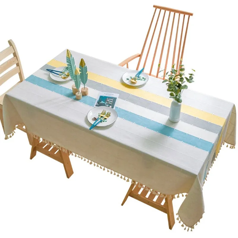 

Classic Plaid Decorative Linen Tablecloth With Tassel Waterproof Oilproof Rectangular Wedding Dining Table Cover Tea Table Cloth